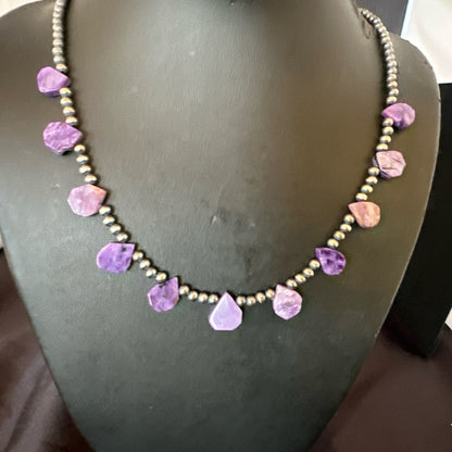 Purple Charoite Teardrop Navajo Pearls Sterling Silver Necklace 20" 17933