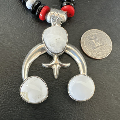 White Buffalo Turquoise Naja Pendant Navajo Sterling Silver Onyx Necklace 17866