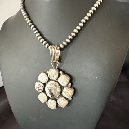 White Buffalo Turquoise Cluster Pendant Navajo Sterling Silver Necklace 19271