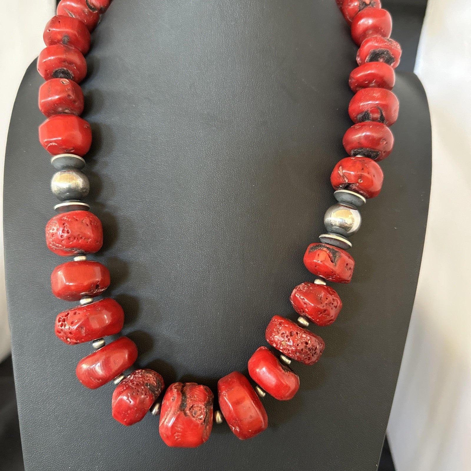 Chunky Navajo Red Bamboo Coral Sterling Silver Bead Necklace 24” Graduated 19531