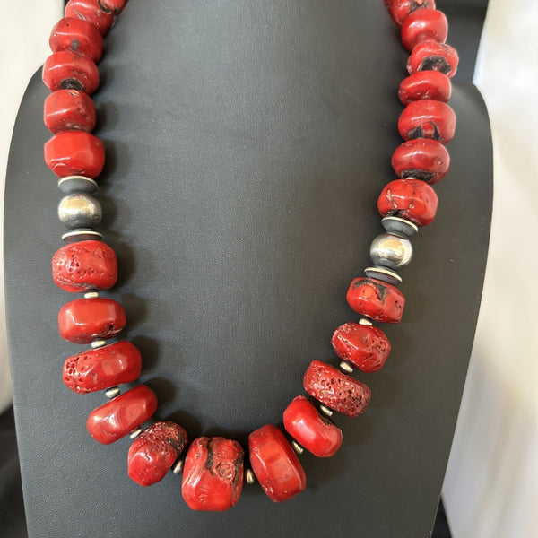 Chunky Navajo Red Bamboo Coral Bead Necklace 24"Graduated | Sterling Silver | Authentic Native American Handmade | 19531