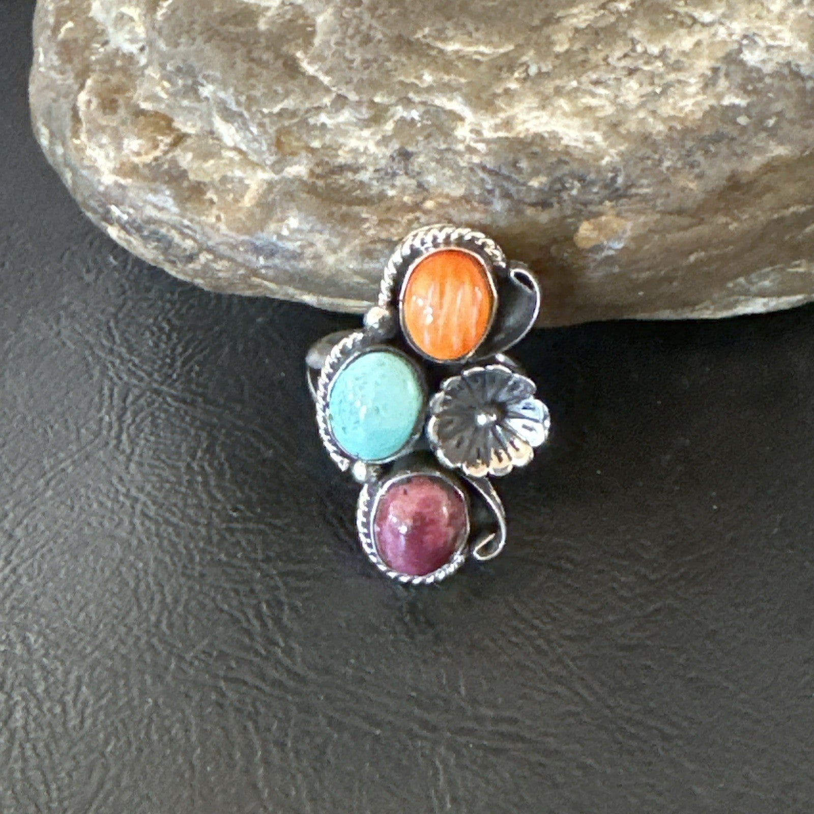 Multicolor Ring Turquoise Spiny Navajo Sterling Silver Cluster Size 7 19178