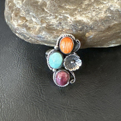 Multicolor Ring Turquoise Spiny Navajo Sterling Silver Cluster Size 7 19178