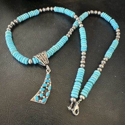 Blue Turquoise Cluster Pendant Navajo Sterling Silver Necklace 20" 19715