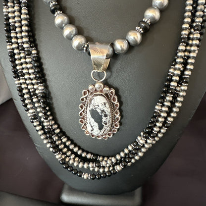 White Buffalo Black Onyx Sterling Silver Navajo Pearls Strand Necklace Set 19020