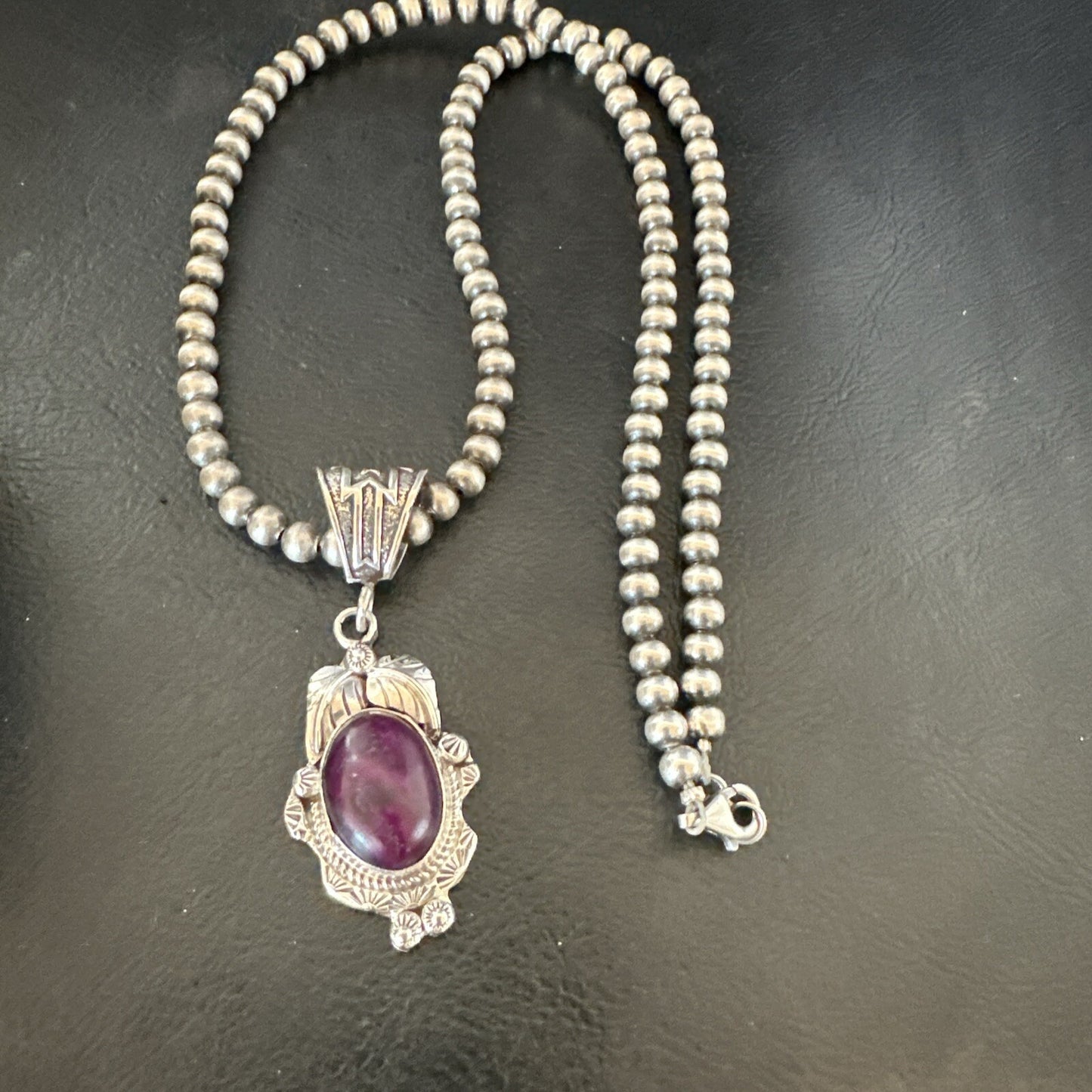 Purple Stone Pendant Navajo Pearls Sterling Silver Necklace 20” 18047