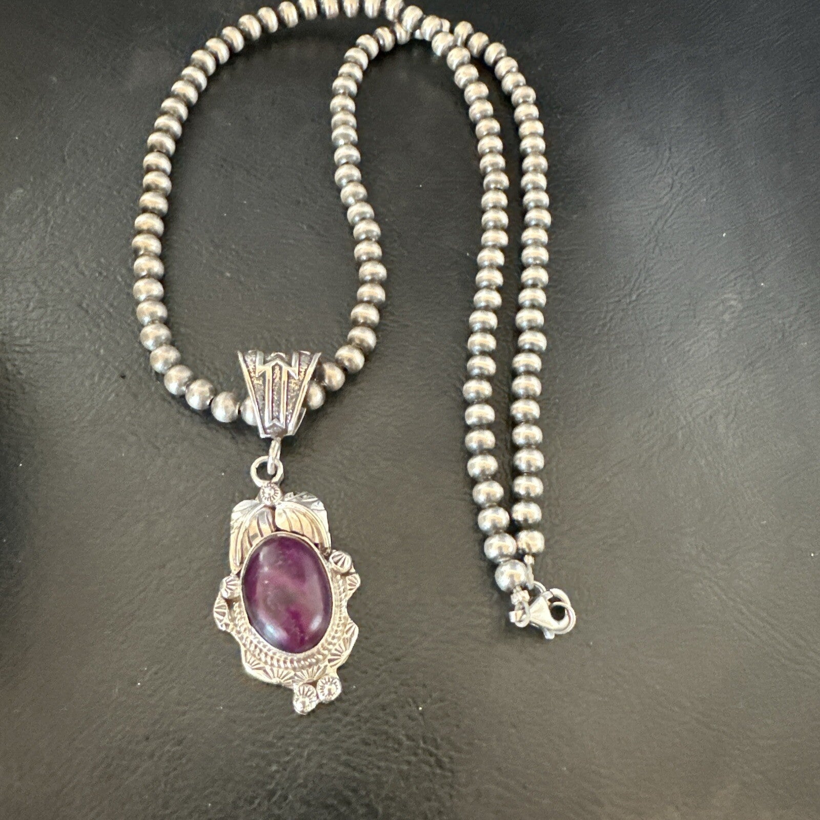 Purple Stone Pendant Navajo Pearls Sterling Silver Necklace 20” 18047