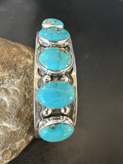 XL Blue Kingman Turquoise 5 Stone Navajo Sterling Silver Cuff Bracelet 18021