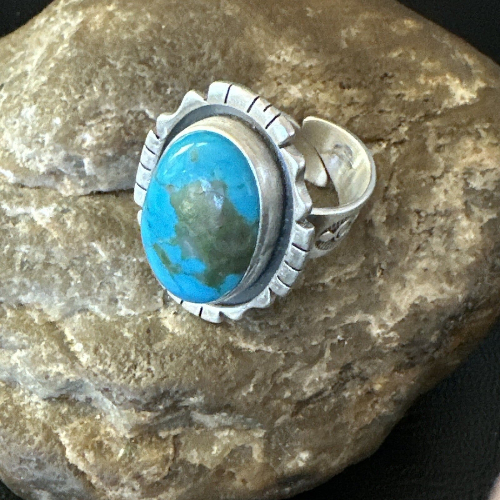 Blue Kingman Turquoise Navajo Sterling Silver Adjustable Ring Size 8 18825