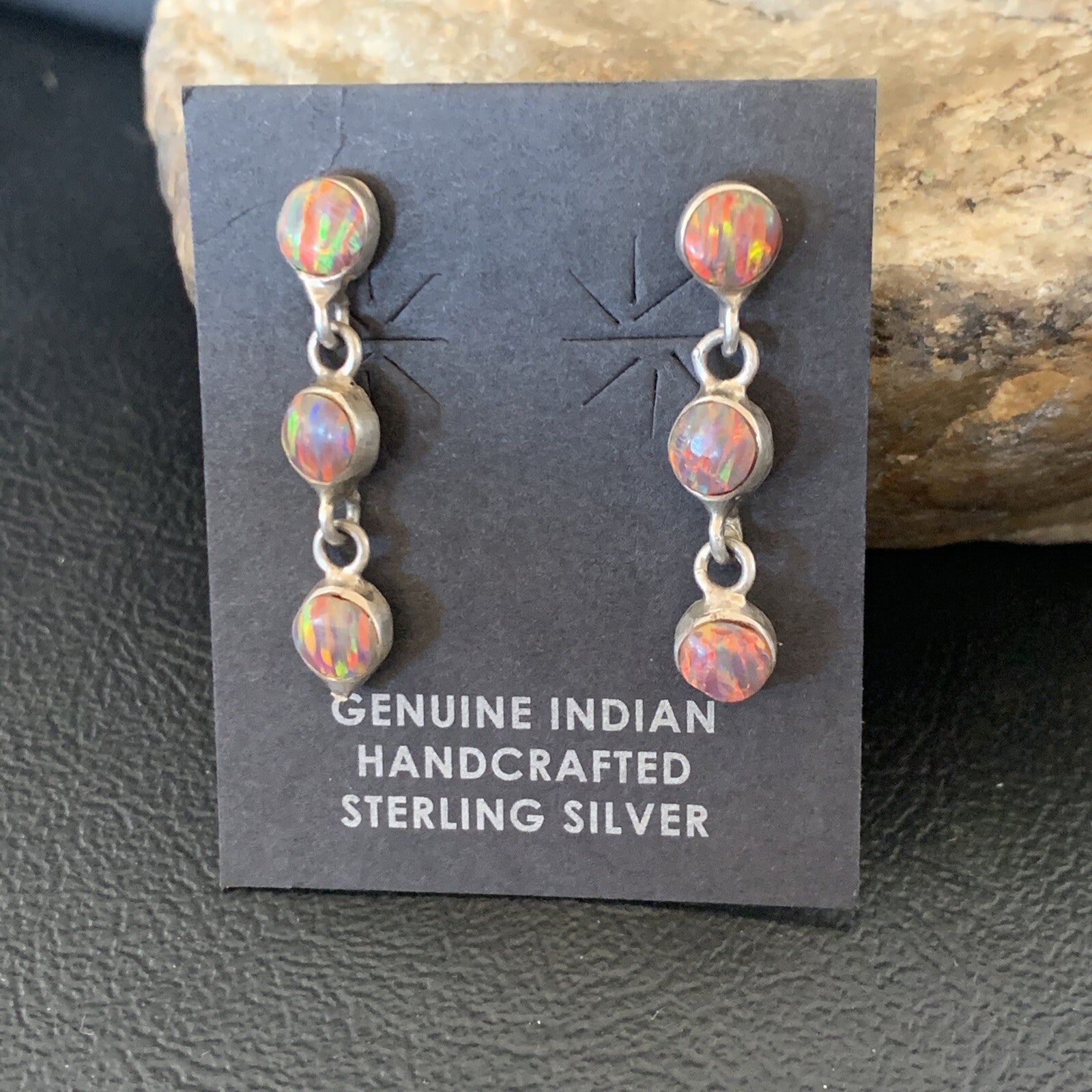 Womens Pink Opal Inlay Navajo Sterling Silver Dangle Post Earrings 1" 12760