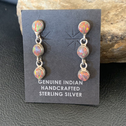 Womens Pink Opal Inlay Navajo Sterling Silver Dangle Post Earrings 1" 12760