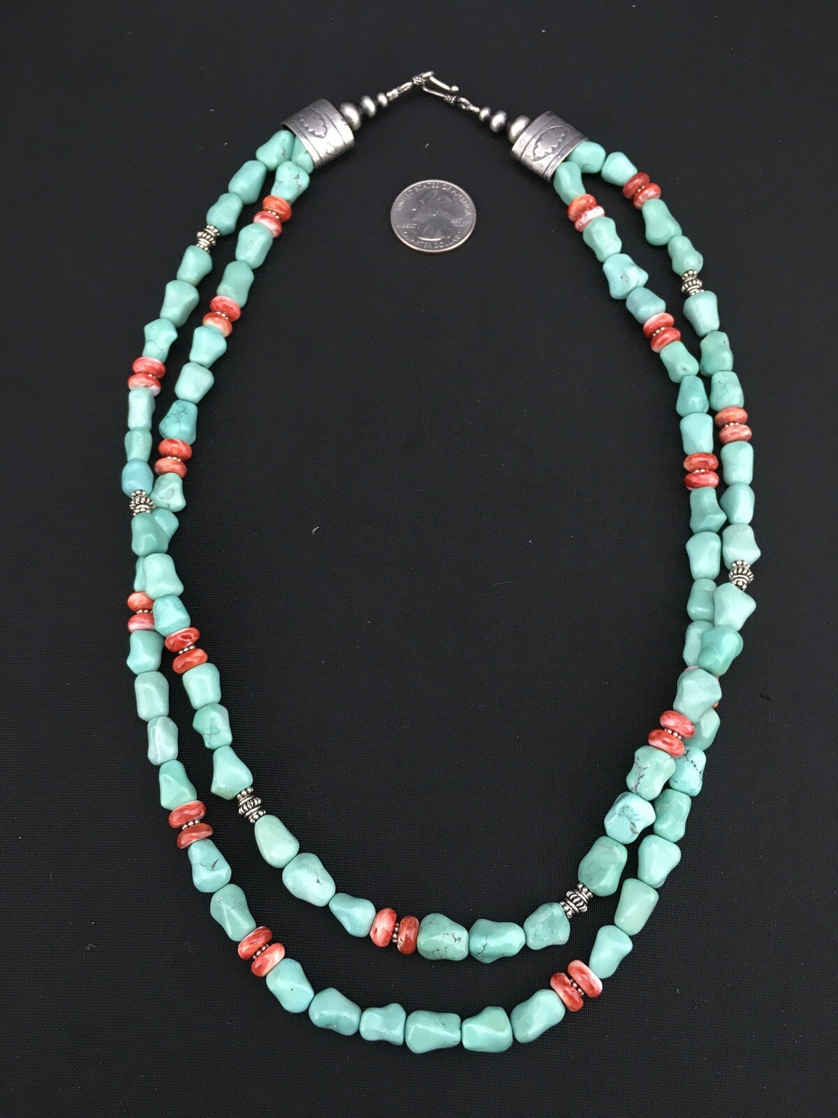 Native Turquoise Spiny Sterling Silver Nugget Bead 2 Strands Necklace 22" 01352