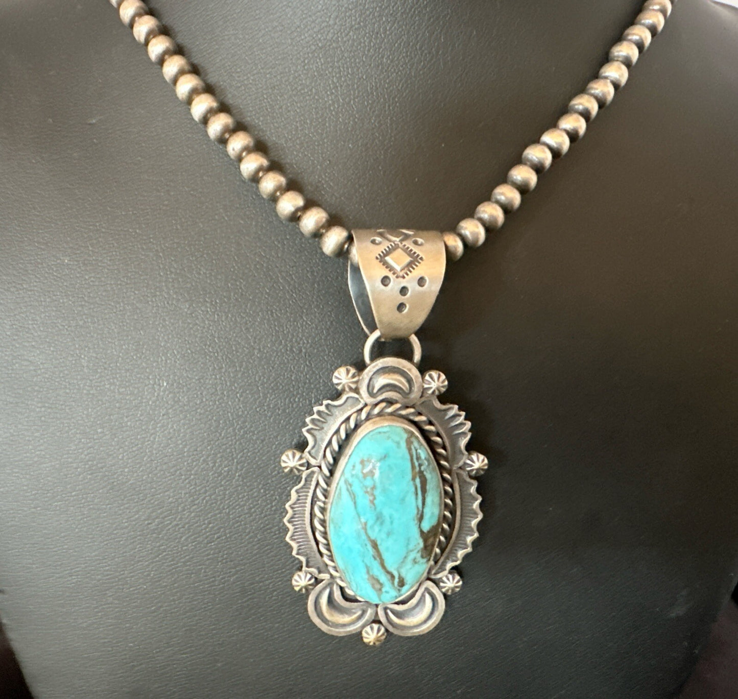 Mens Womens Blue Turquoise Pendant Sterling Silver Beads Sterling Necklace 18649
