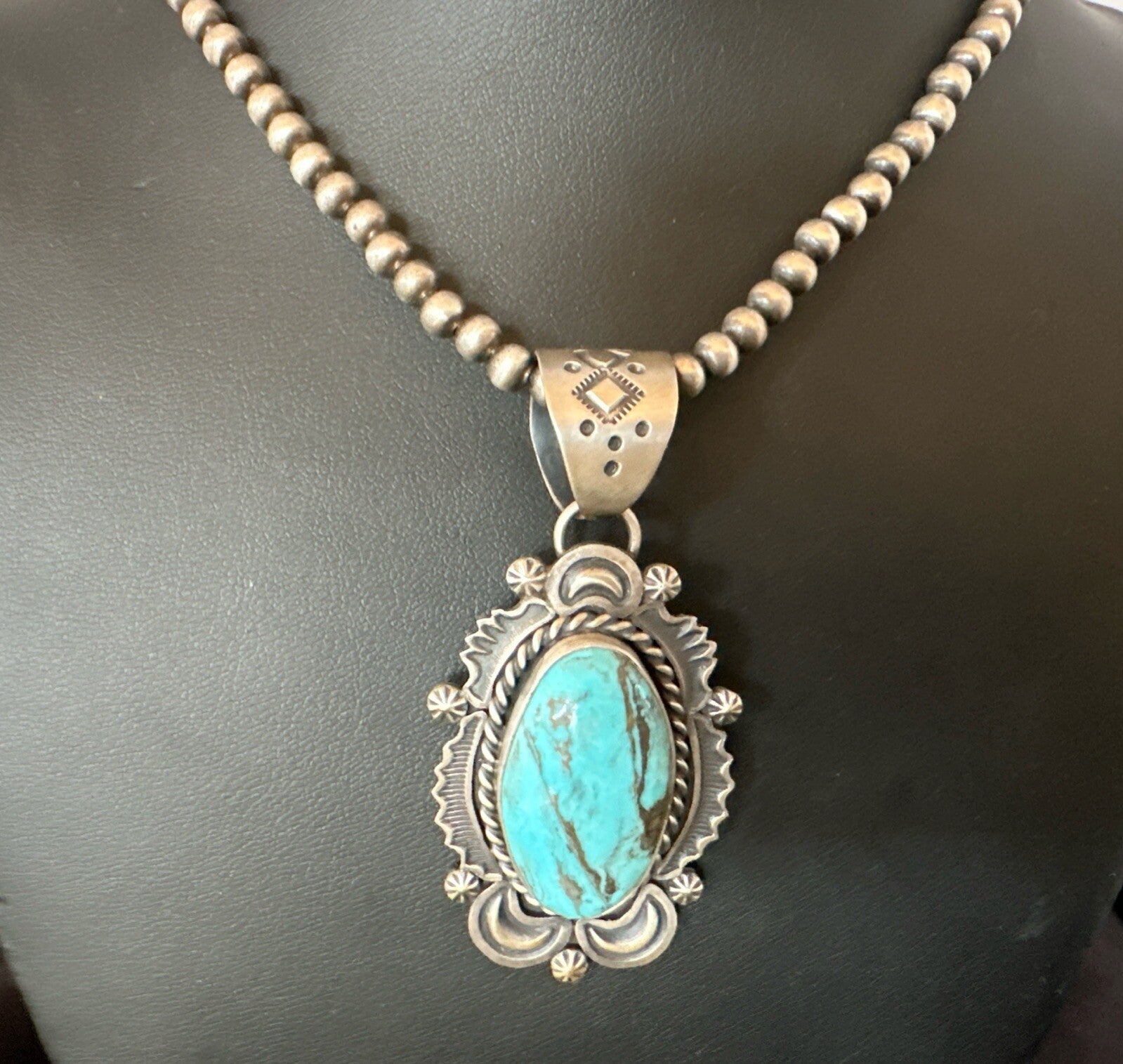 Mens Womens Blue Turquoise Pendant Sterling Silver Beads Sterling Necklace 18649