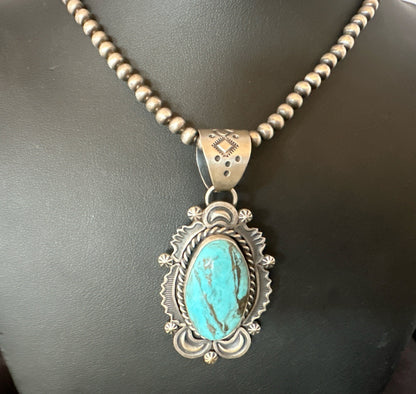 Mens Womens Blue Turquoise Pendant Sterling Silver Beads Sterling Necklace 18649