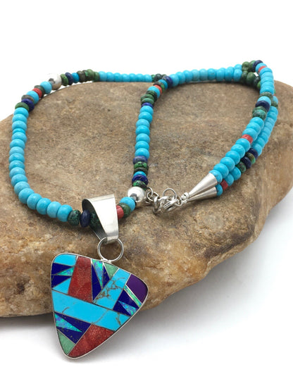 Blue Turquoise Pendant Navajo Sterling Silver Necklace 21" 4277