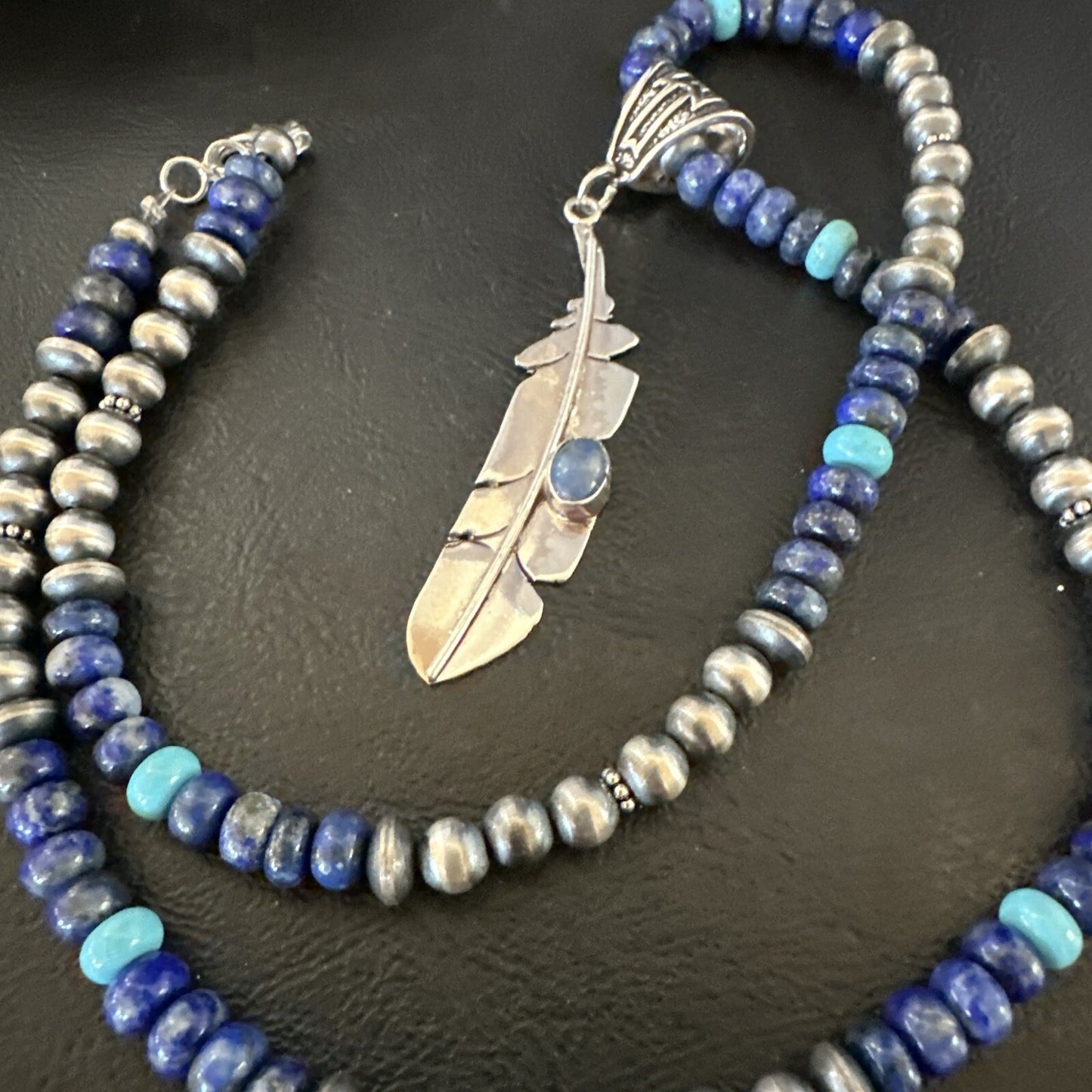 Blue Turquoise Lapis Feather Pendant Navajo Sterling Silver Necklace 21” 17790