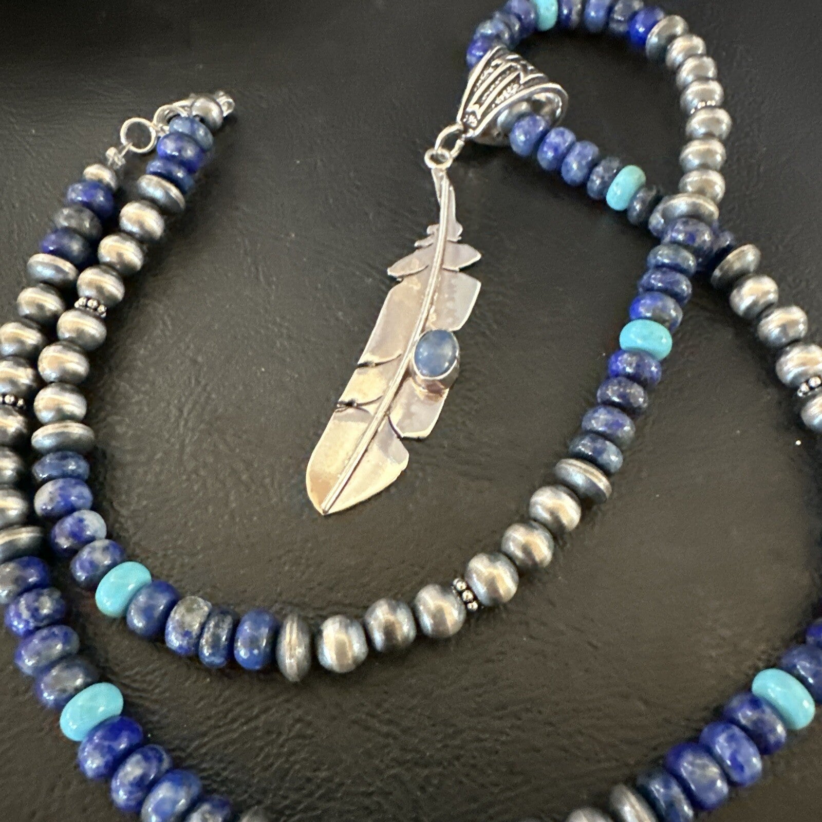 Blue Turquoise Lapis Feather Pendant Navajo Sterling Silver Necklace 21” 17790