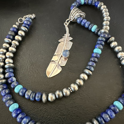 Blue Turquoise Lapis Feather Pendant Navajo Sterling Silver Necklace 21” 17790