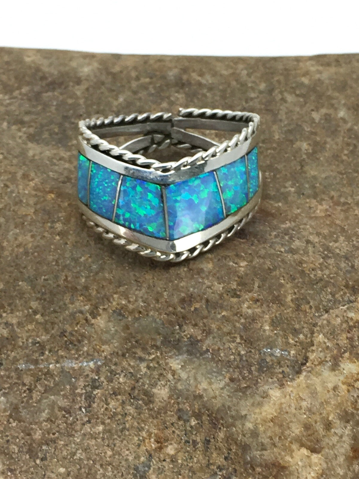 Native American Navajo Sterling Silver Blue Opal Inlay Ring Set7.75 02785