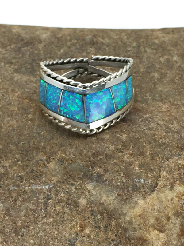 Navajo Blue Opal Inlay Ring Set7.75 | Sterling Silver | Authentic Native American Handmade | 02785