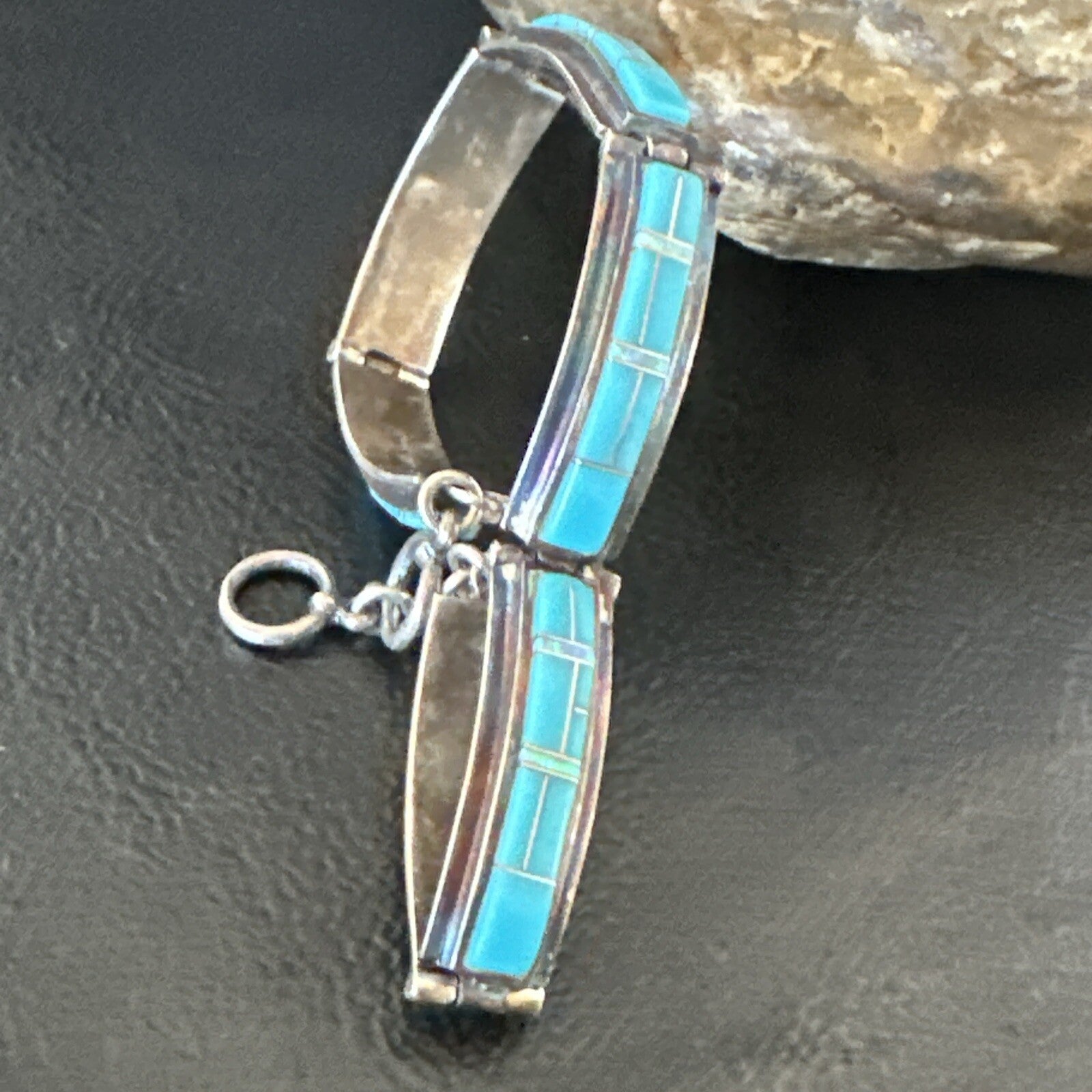 Opal Blue Turquoise Navajo Old Pawn Sterling Silver Inlay Bracelet 7.5" 18126