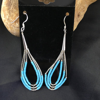 Native Turquoise Heishi Tube Liquid Sterling Silver Dangle Earrings 2" 08875