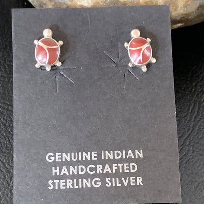 Womens Orange Spiny Oyster Turtle Inlay Navajo Sterling Silver Earrings 12833