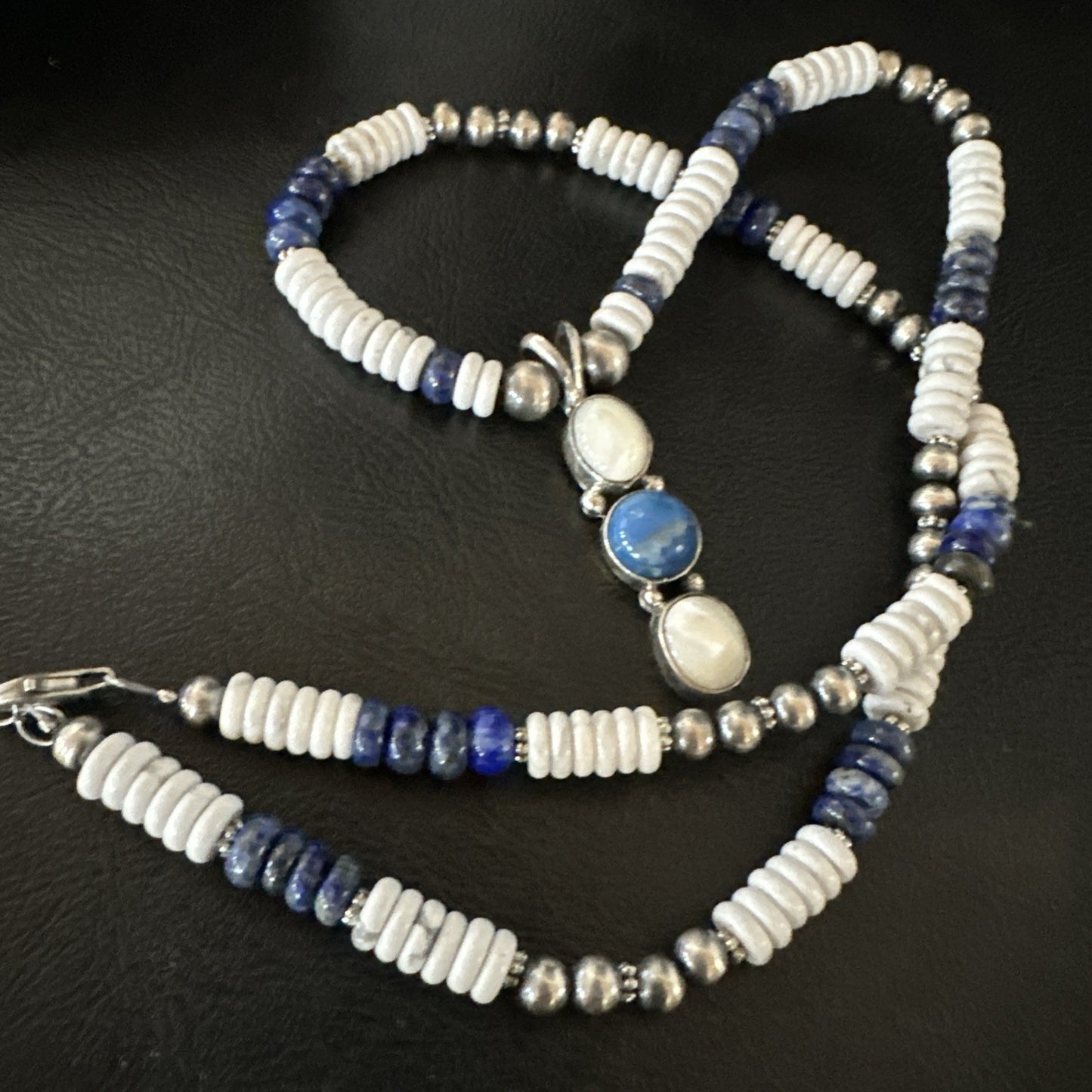 Blue Lapis White MOP Howlite Pendant Navajo Sterling Silver Necklace 19656
