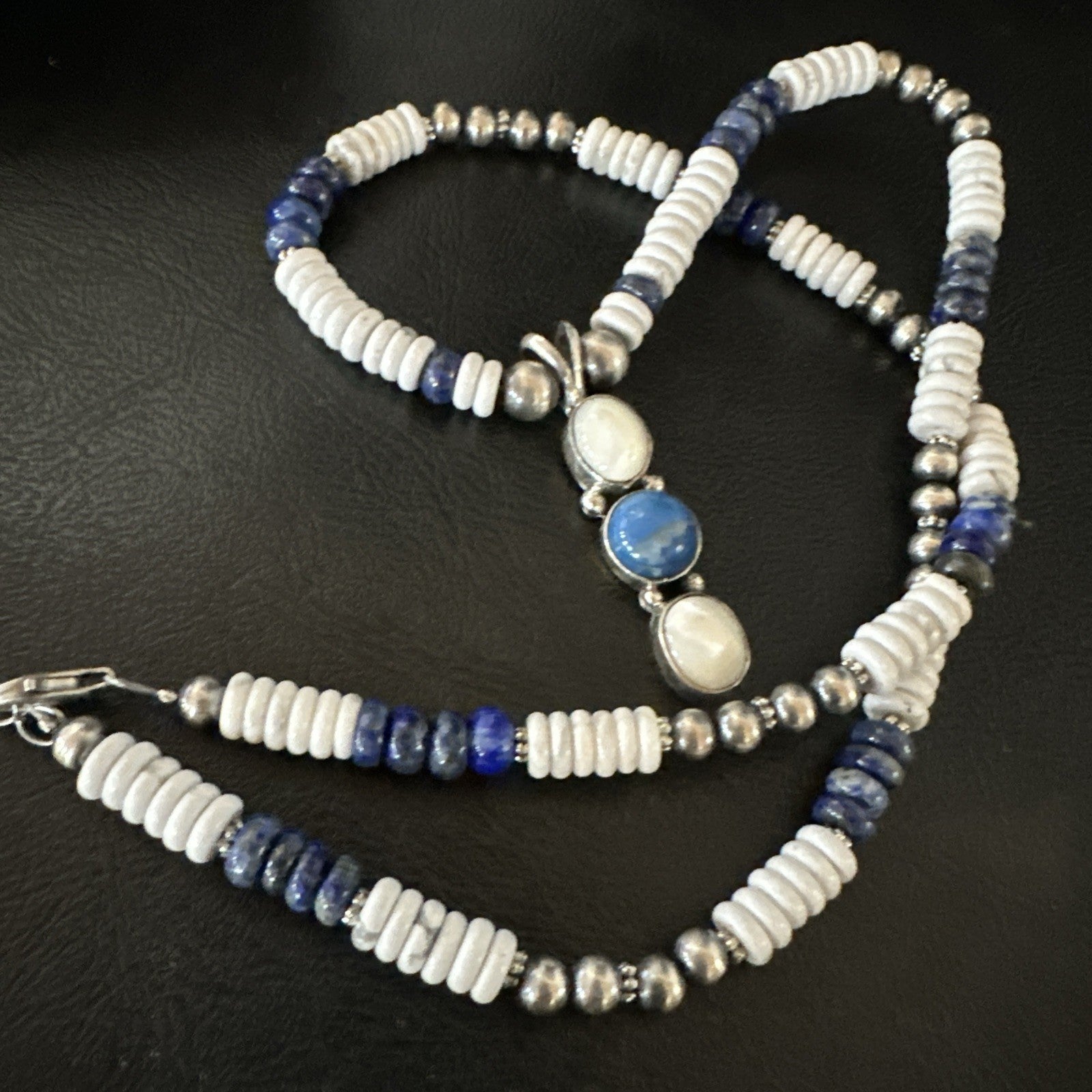 Blue Lapis White MOP Howlite Pendant Navajo Sterling Silver Necklace 19656