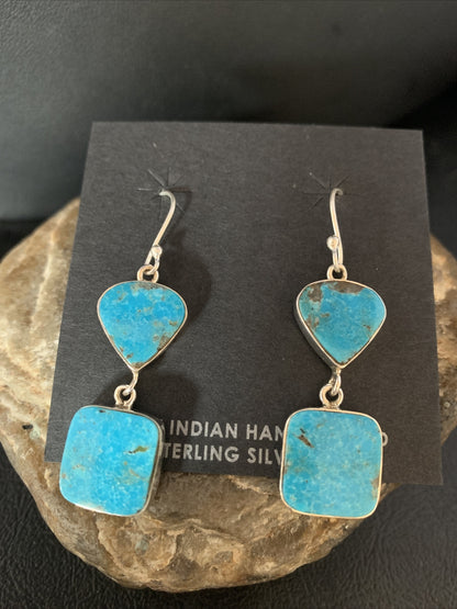 Blue Kingman Turquoise Navajo Sterling Silver Dangle Earrings 14074