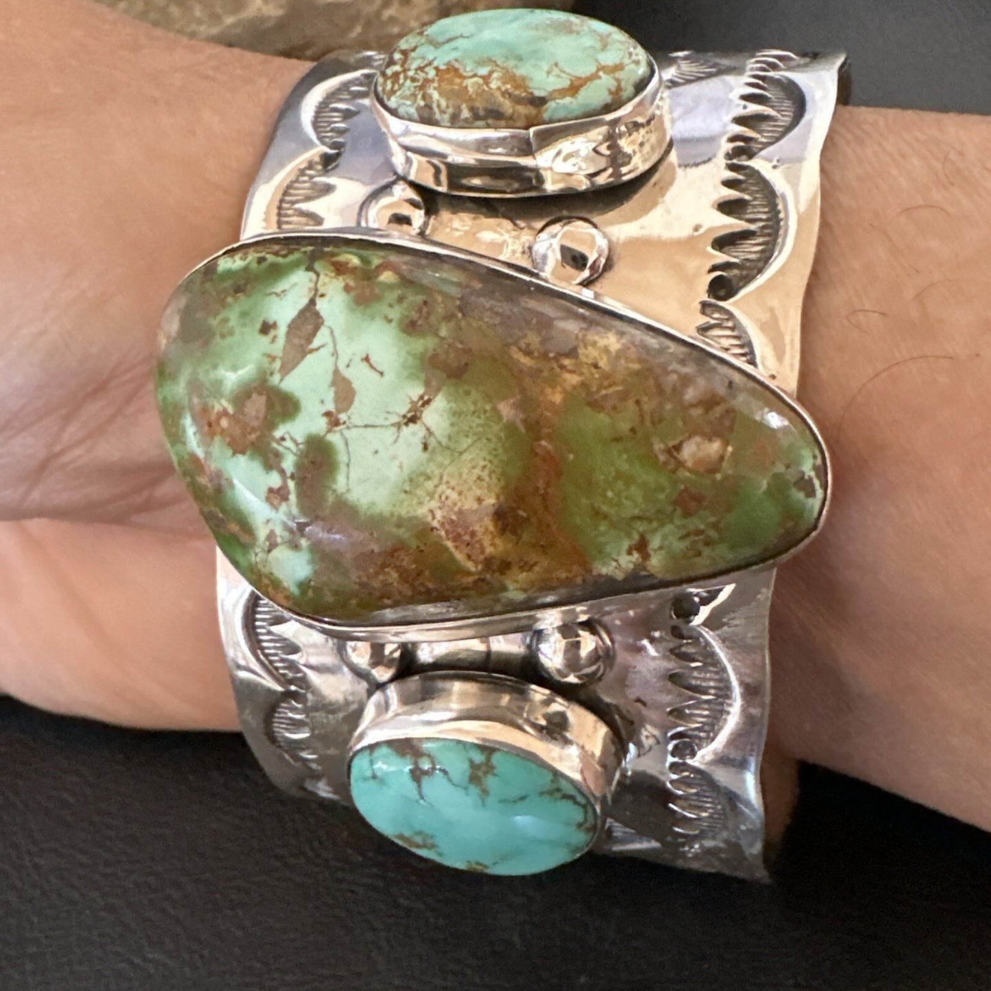 Navajo Green Royston TURQUOISE Stamped Sterling Silver Cuff Bracelet 17938