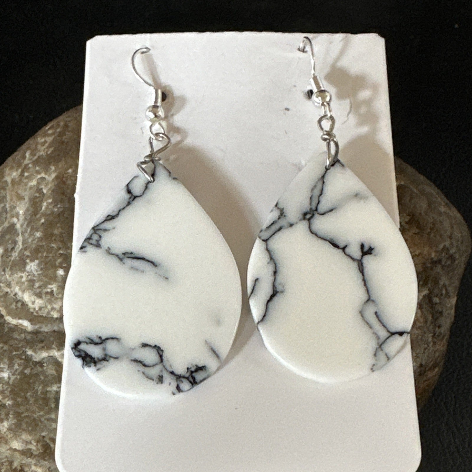 White Howlite Slab Sterling Silver Dangle Earrings 1” 19265