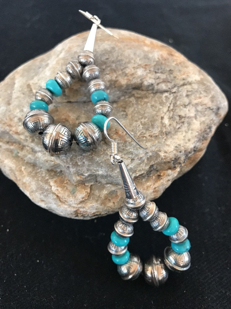 Native Sterling Silver Stamped Turquoise Bead Earrings 10090