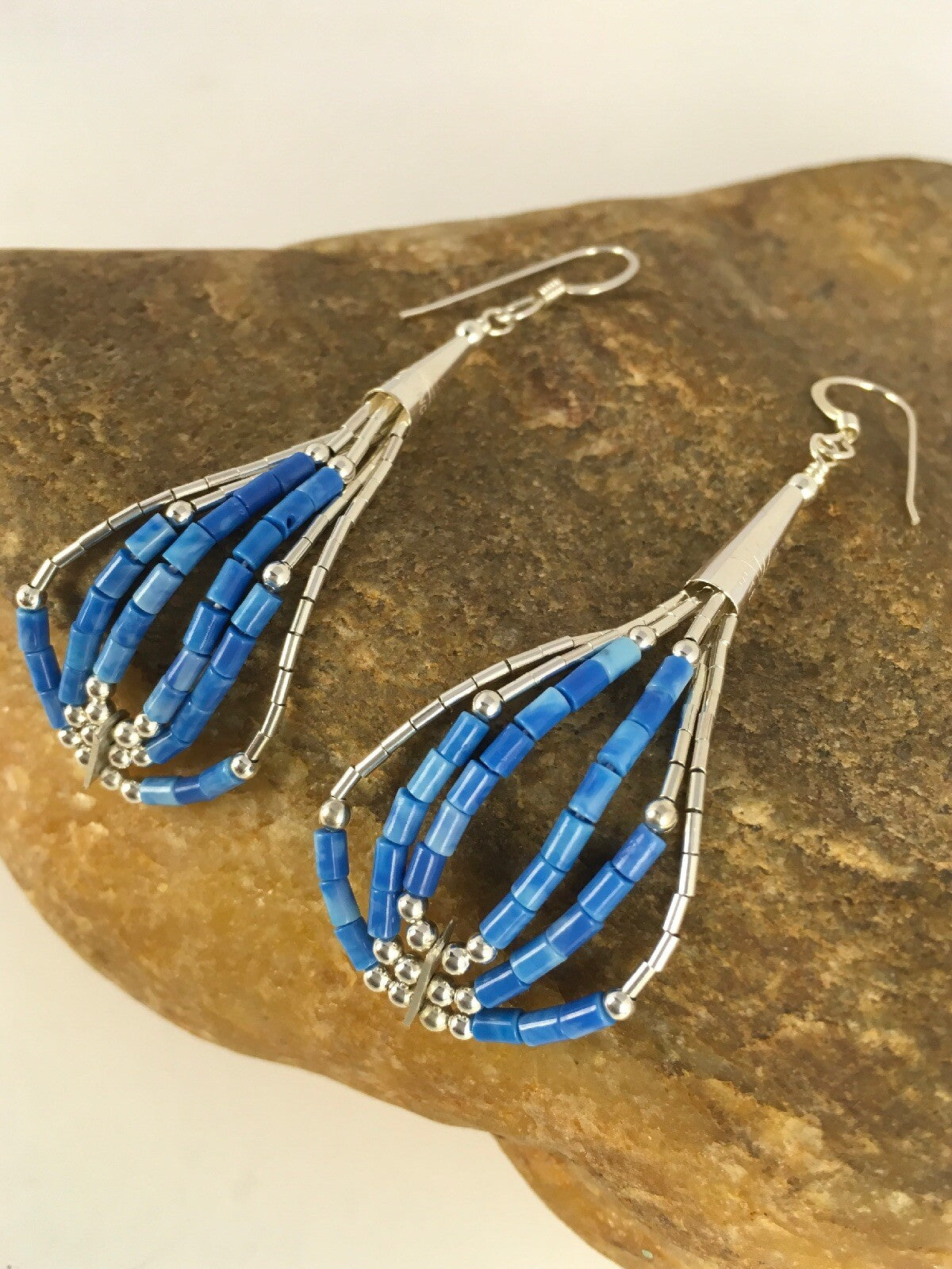 Blue Turquoise Heishi Tube Liquid Sterling Silver Dangle Earrings 2” 8873