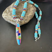 Multicolor Turquoise Spiny Navajo Inlay Pendant Necklace | Sterling Silver | Authentic Native American Handmade | 19644