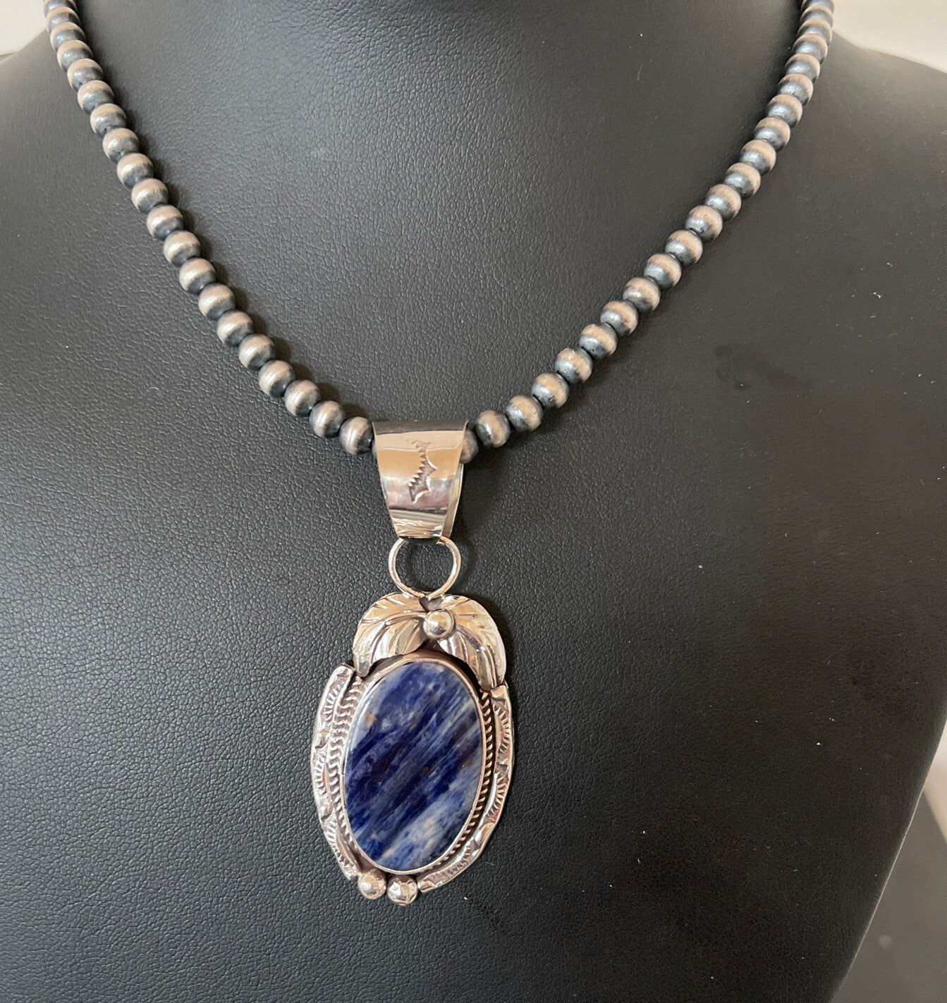 Mens Lapis Lazuli Pendant Sterling Silver Beads Necklace 1210