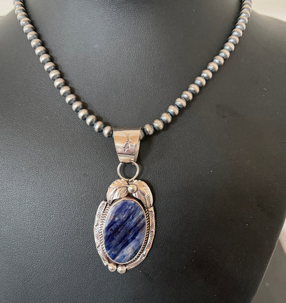 Mens Lapis Lazuli Pendant Sterling Silver Beads Necklace 1210