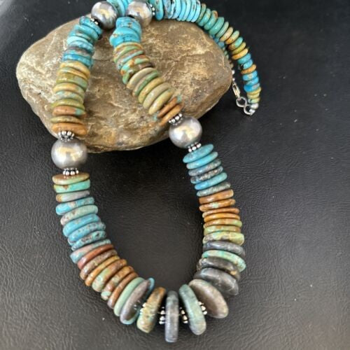Navajo Blue Green Turquoise Bead Necklace Sterling Silver 20" 14239