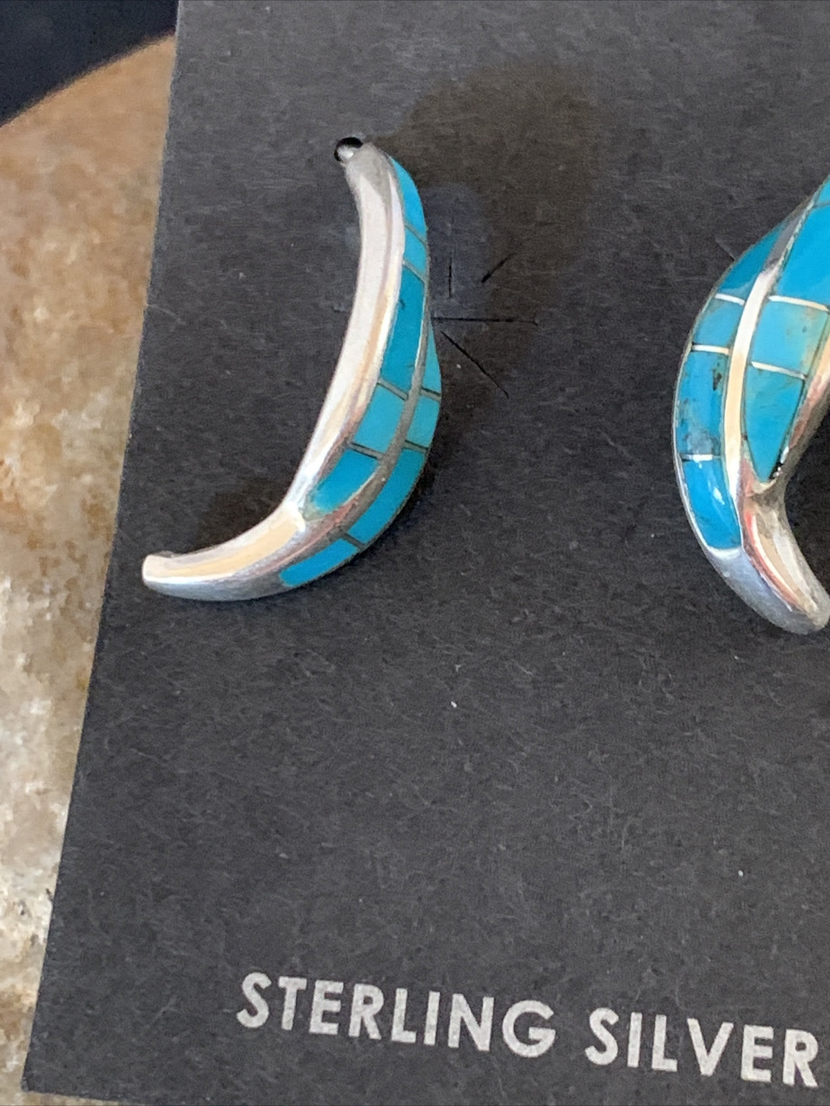 Blue Turquoise Southwestern Zuni Sterling Silver Inlay Hoop Earrings 0.75" 13022