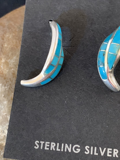 Blue Turquoise Southwestern Zuni Sterling Silver Inlay Hoop Earrings 0.75" 13022