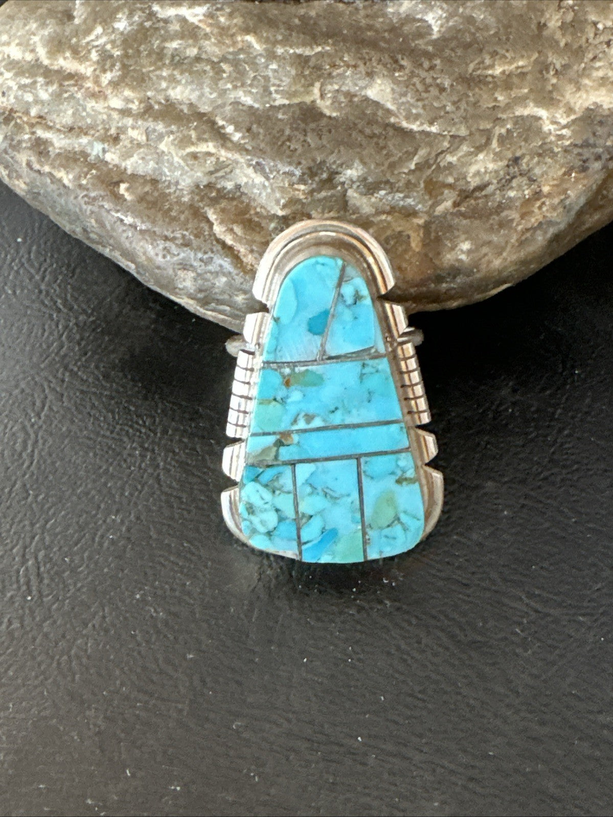 Blue Turquoise Navajo Inlay Sterling Silver Ring Size 11 19782