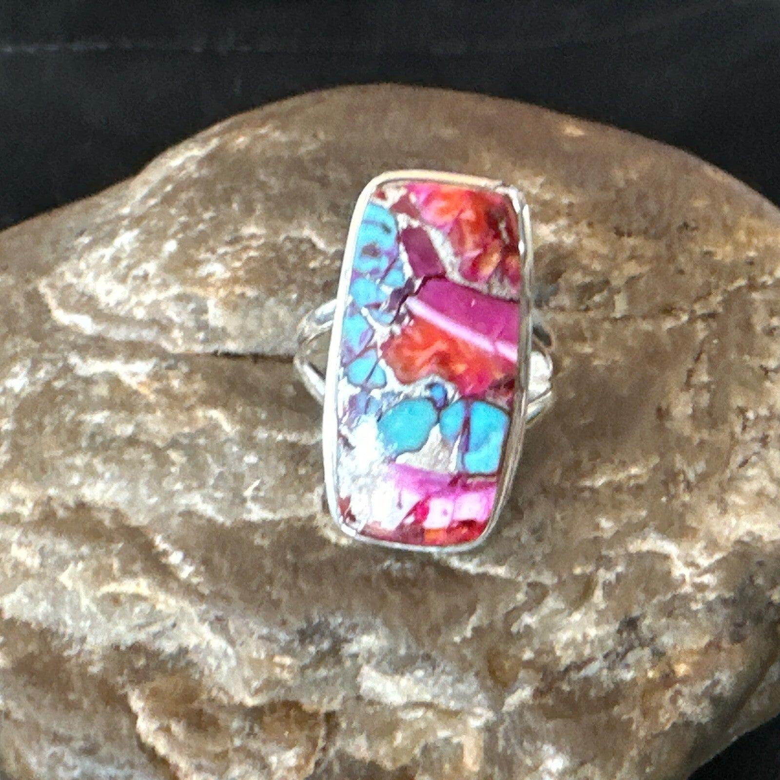 Blue Turquoise Spiny Oyster Southwestern Sterling Silver Ring Size 7 18492