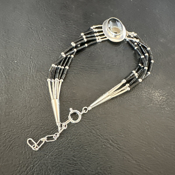 Black Onyx Heishi 5S Pin Southwestern Liquid Bracelet 8" | Sterling Silver | Authentic Native American Handmade | 17751