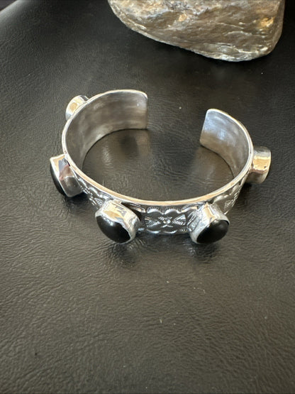 Mens Womens Navajo Sterling Silver Black Onyx Cluster Cuff Bracelet 7.5" 19433