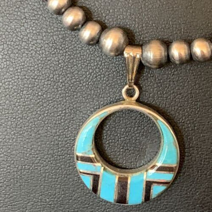 Blue Turquoise Inlay Pendant Navajo Pearls Sterling Silver Necklace 12615