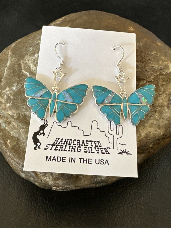 Butterfly Blue Turquoise Opal Inlay Dangle Earrings | Sterling Silver | Authentic Native American Handmade | 18554