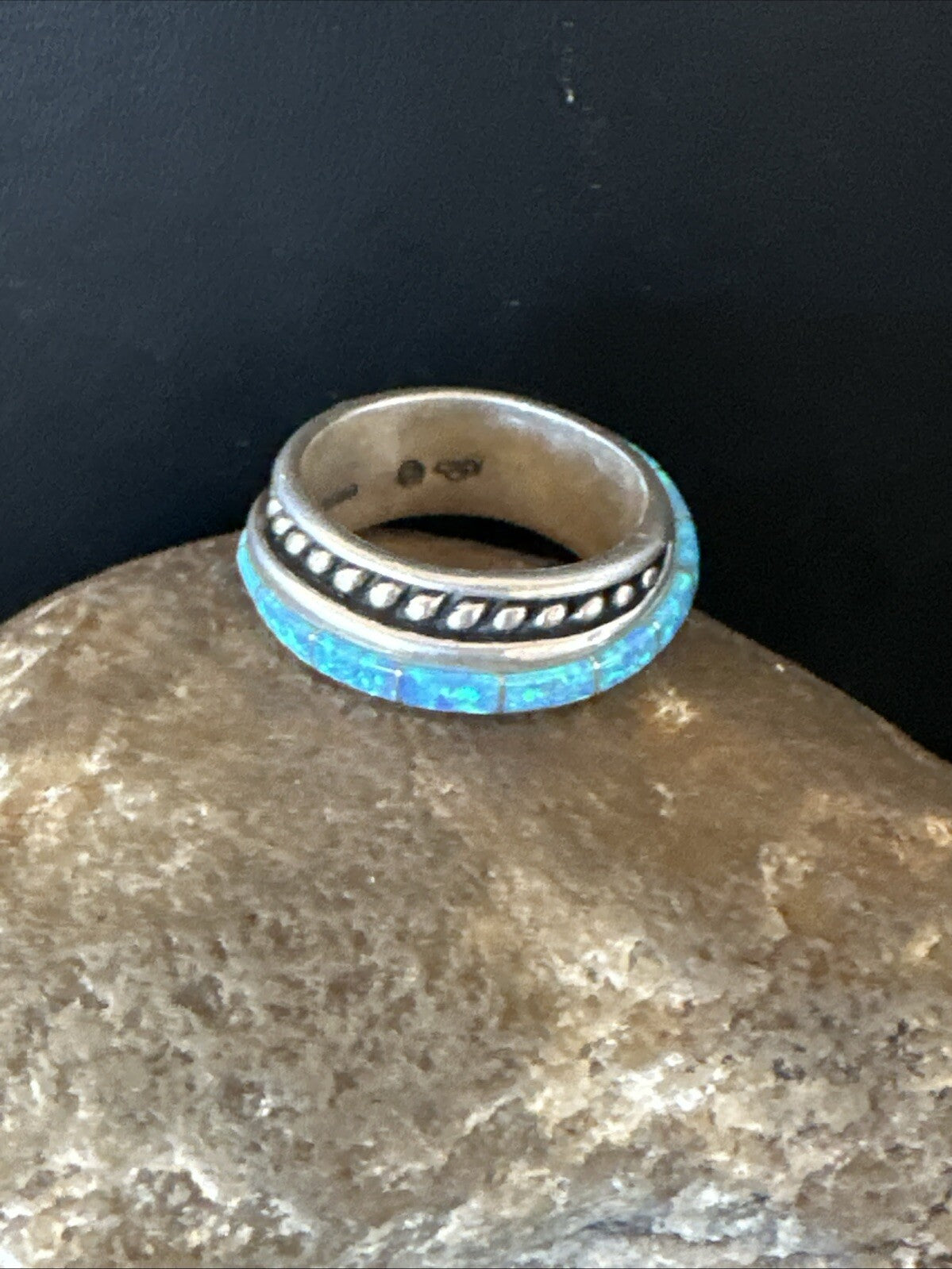 Blue Opal Navajo Sterling Silver Band Inlay Ring Size 8 18806