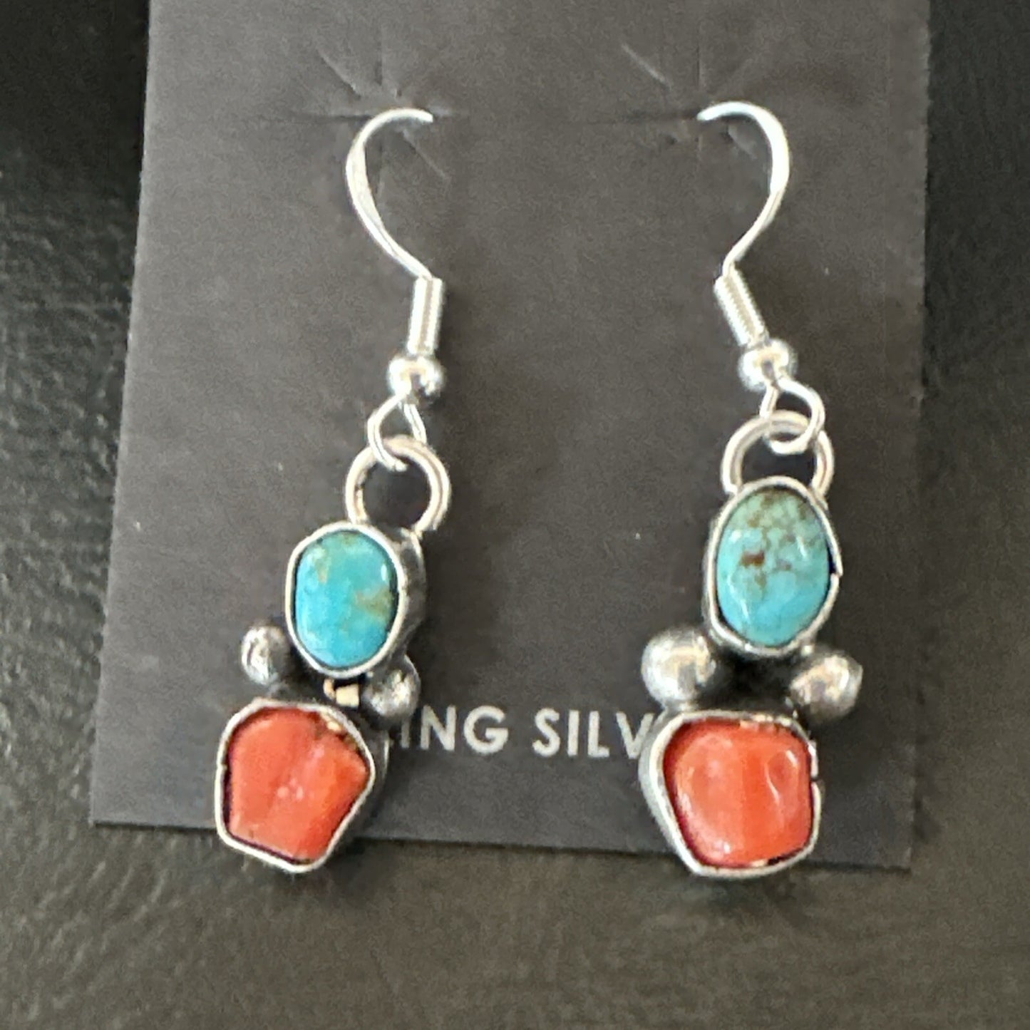 Handmade Blue Turquoise Red Coral Sterling Silver Navajo Dangle Earrings 18840
