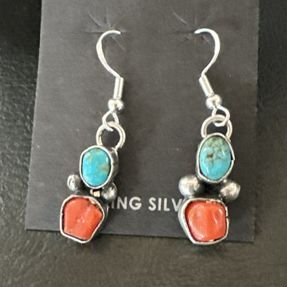 Handmade Blue Turquoise Red Coral Sterling Silver Navajo Dangle Earrings 18840